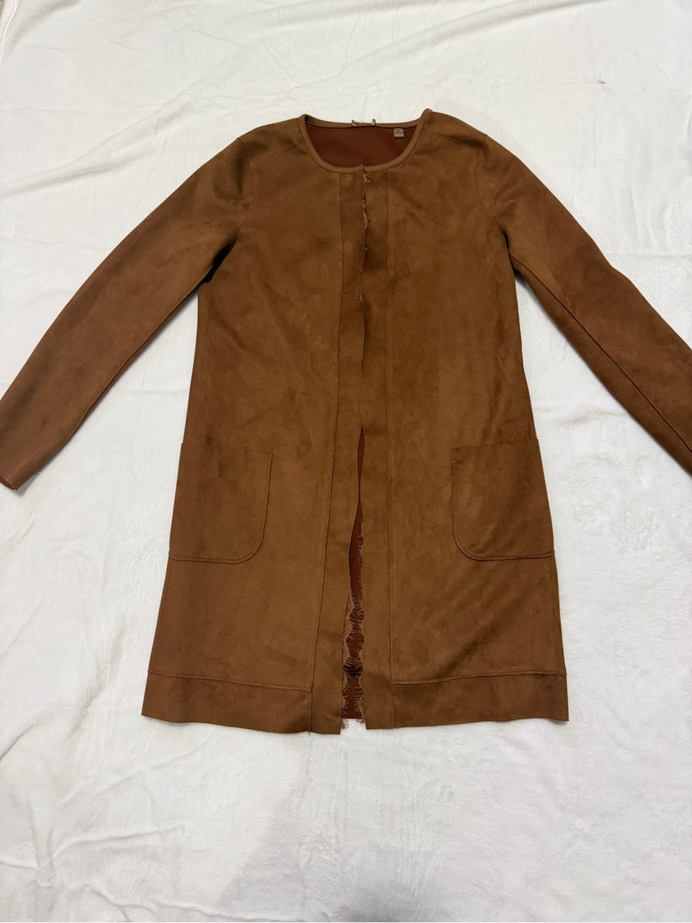 Tahari Chestnut Suede Collarless Trench Coat